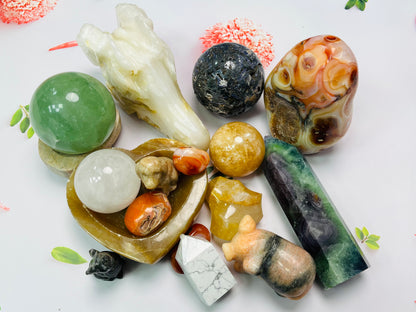 【Buy 1 get 1 carving】 Las vegas crystal box quartz/jasper/marble/jade/tourmaline/obsidian with tower/sphere/carving/cube shape